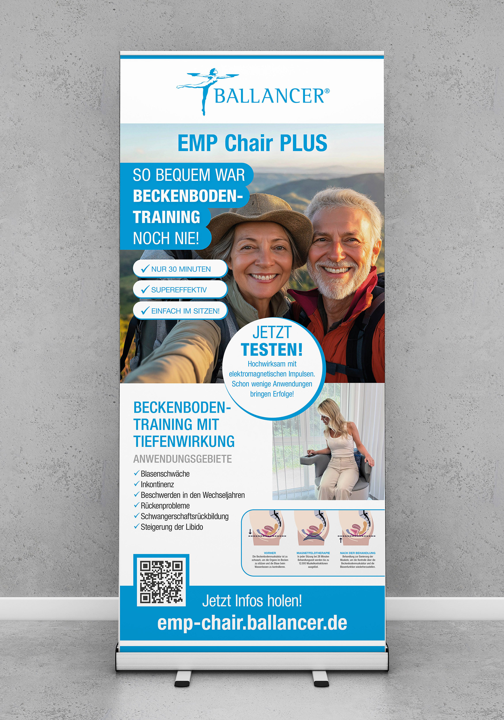 Roll-Up Kampagne EMP Chair "So einfach war Beckenbodentraining noch nie" Roll-Up Kampagne EMP Chair "So einfach war Beckenbodentraining noch nie"