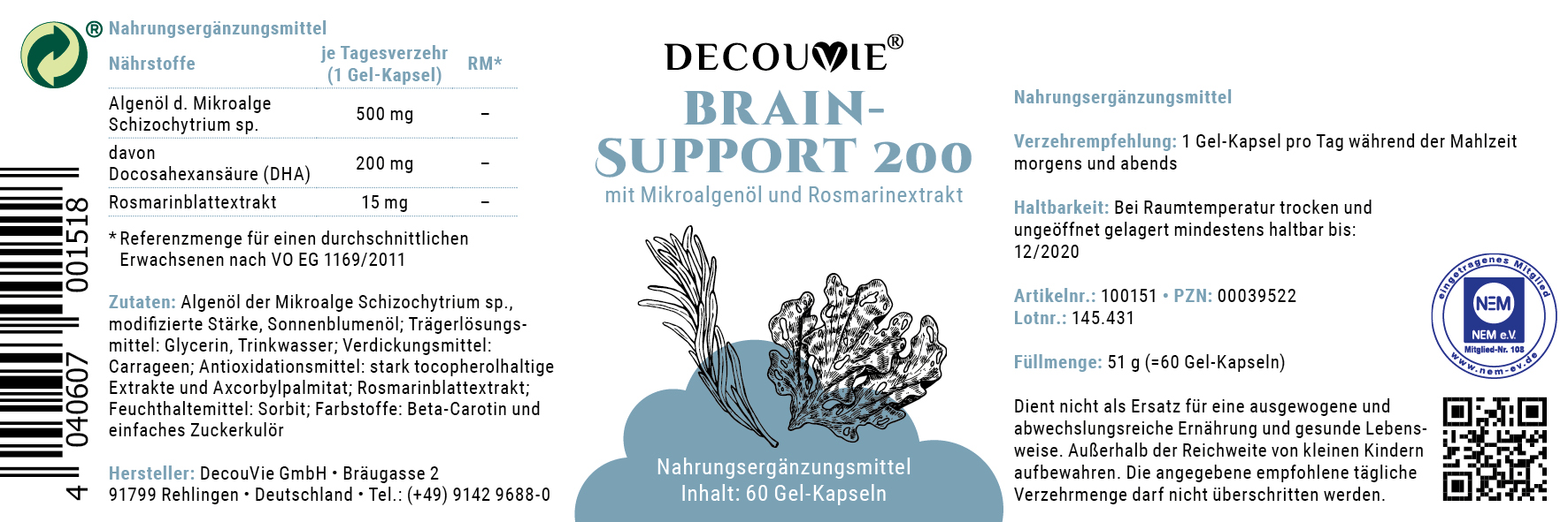 Brain Support 200, zur Verbesserung der Konzentration und Hirnleistung, 60 Kapseln