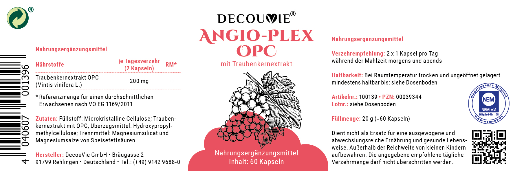 Angio Plex OPC, mit Traubenkernextrakt für Herz, Kreislauf und Gefäße, 60 Kapseln