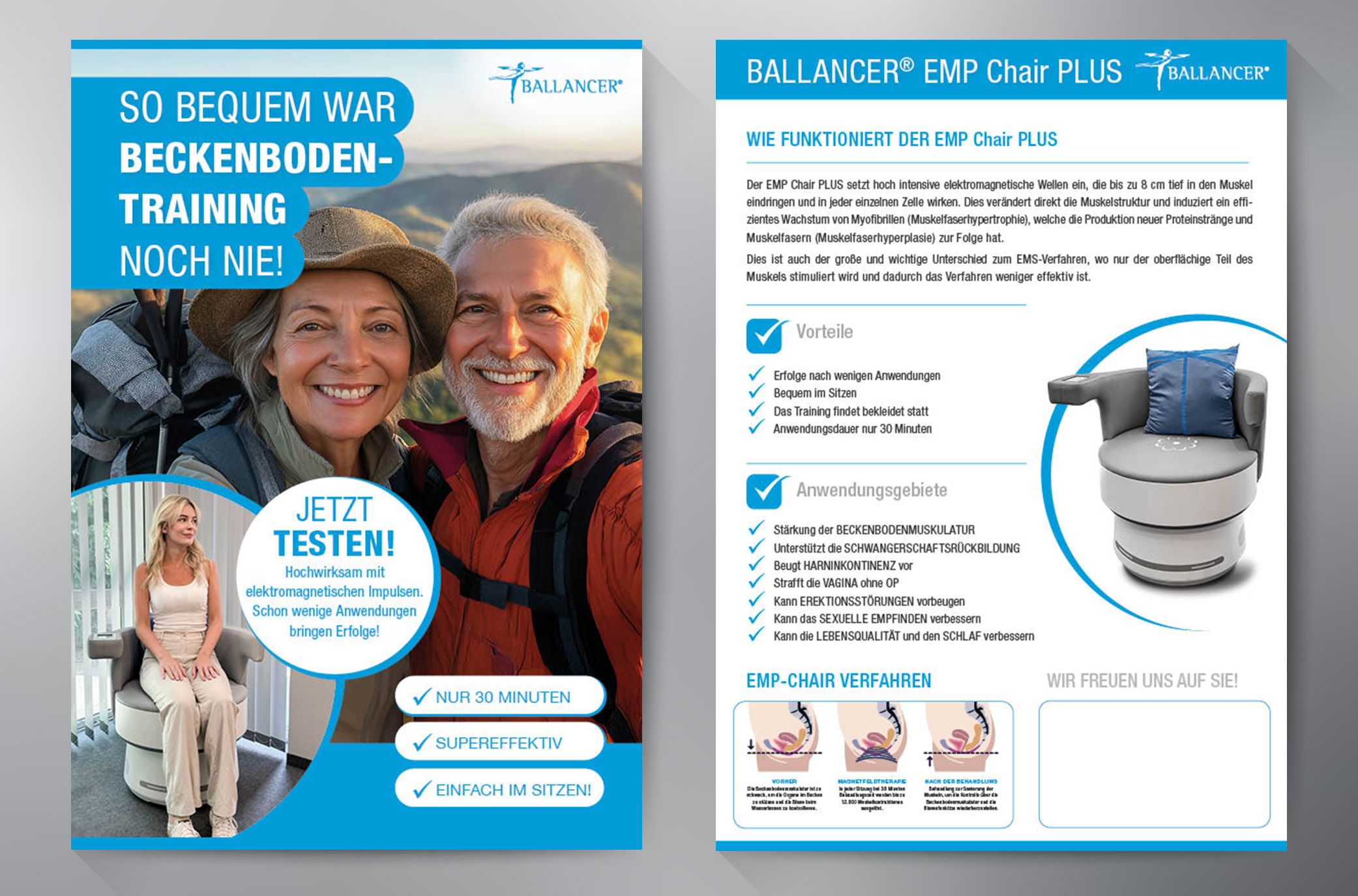 Flyer Kampagne EMP Chair PLUS "So bequem war Beckenbodentraining noch nie"