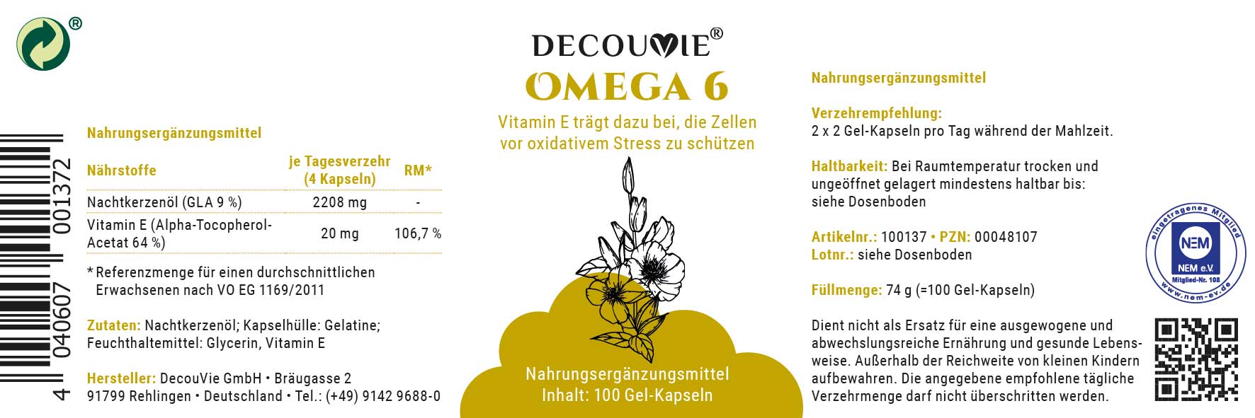 Omega 6, zur Ergänzung von Omega 6 auf Basis von Nachtkerzenöl mit Vitamin E, 100 Gel-Kapseln